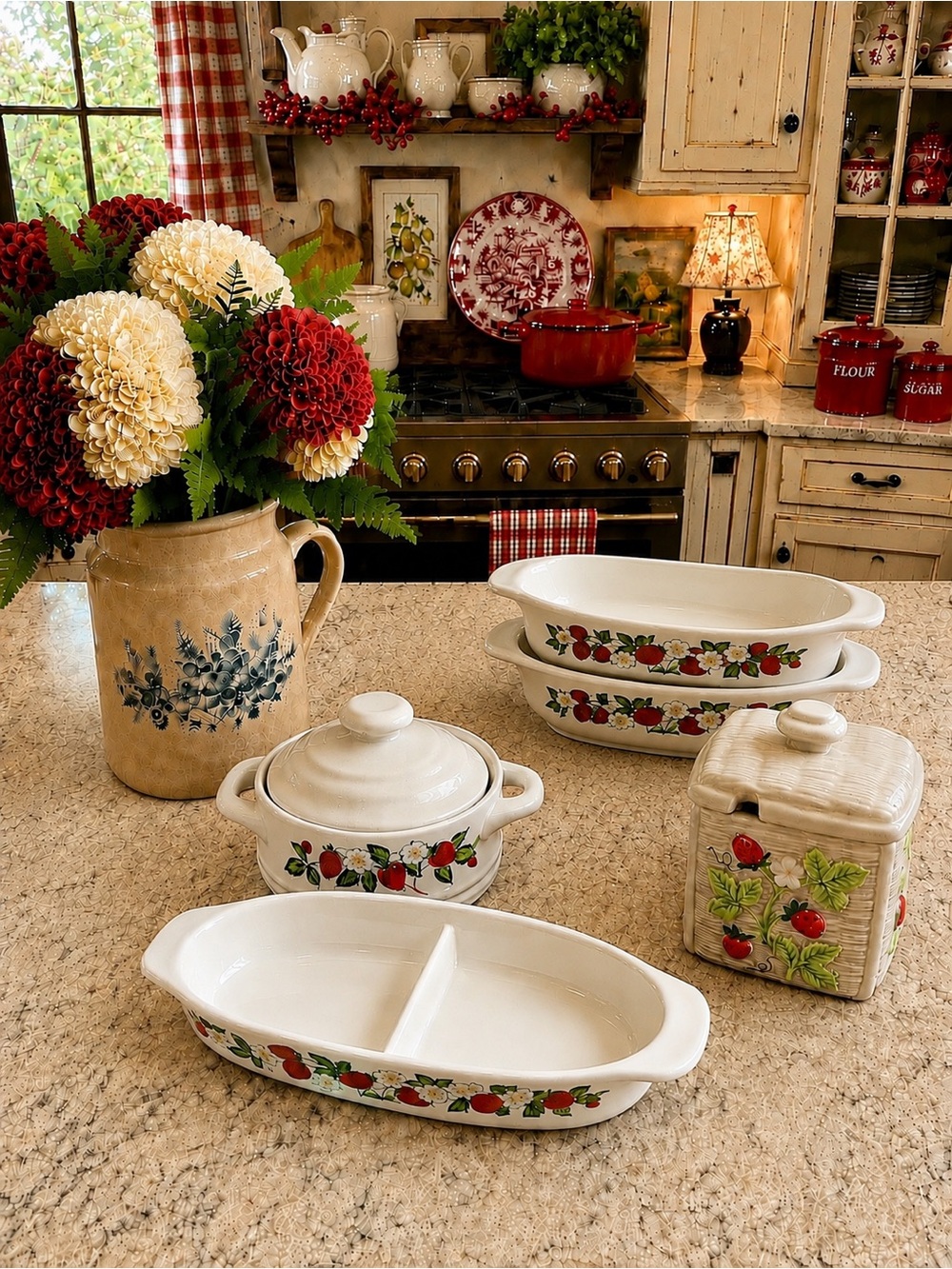 Set of 4 1970s "Strawberries 'N Cream" stoneware by Sheffield & sugar jar!